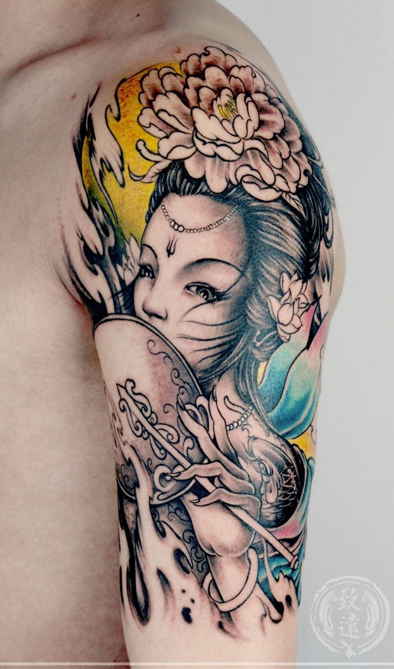 艺妓纹身图片_成品肩部传统人物原创纹身图案