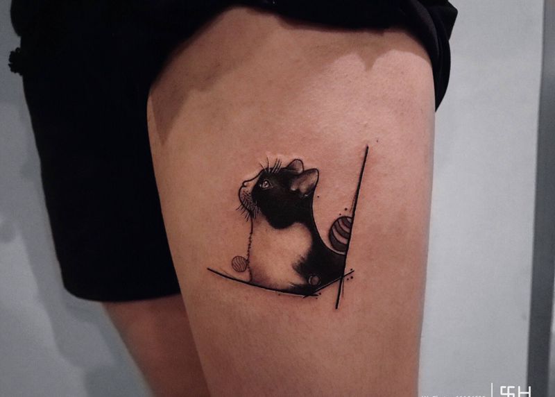 猫纹身图片_腿部猫宠物纹身图案