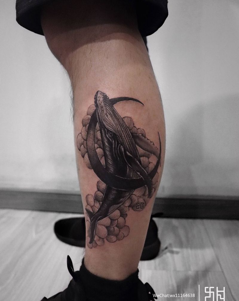 鲸落纹身图片_腿部鲸鱼纹身图案