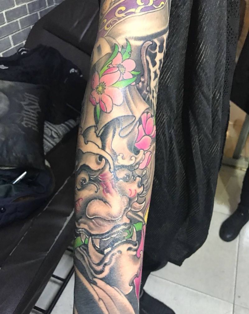 般若花臂纹身图片_手臂成品传统鬼神人物纹身图案