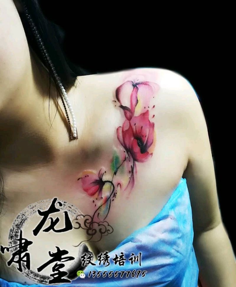 罂粟纹身图片_肩部胸部水彩纹身图案