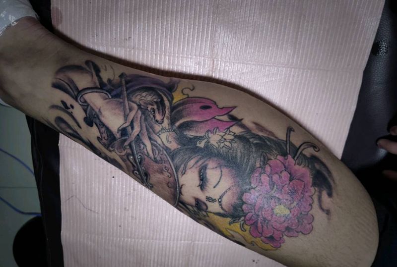 小腿艺妓纹身图片