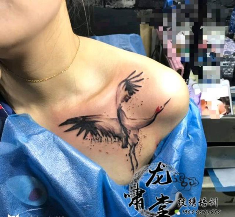 鹤纹身图片_胸部纹身图案