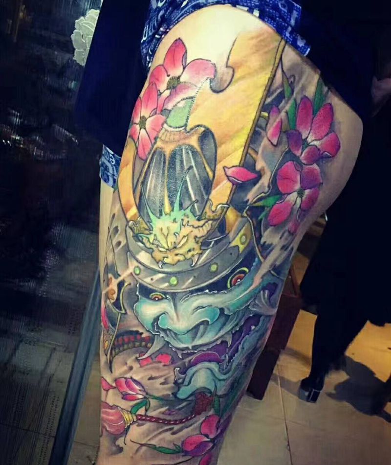 鬼武者纹身图片_成品腿部传统鬼神纹身图案