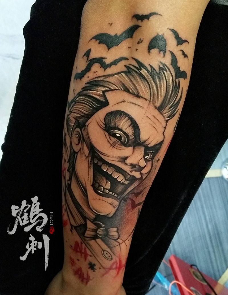 《鹤刺作品》小丑joker纹身图片_手臂点刺纹身图案