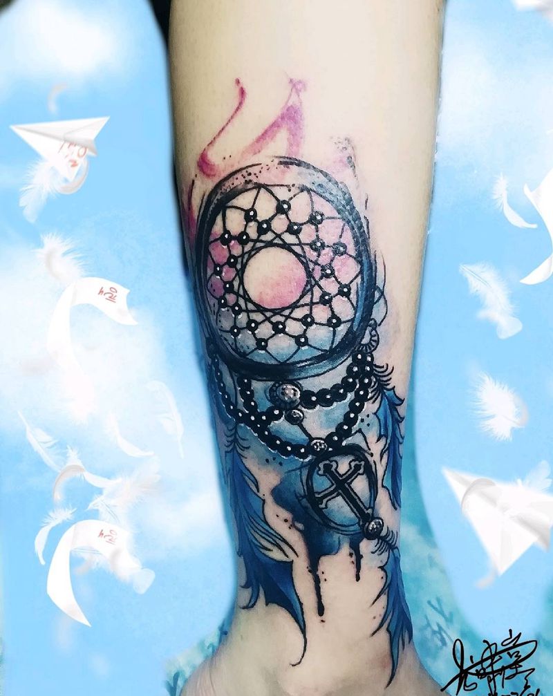 捕梦网纹身图片_腿部纹身图案