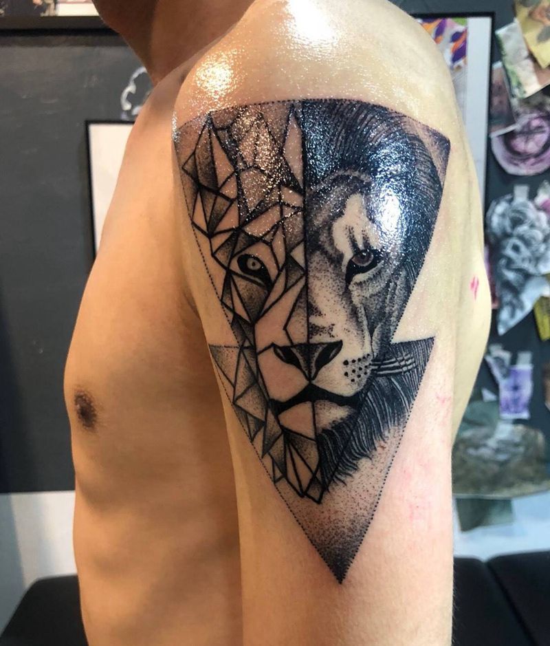 无ps  几何点刺狮子纹身图片_动物几何图腾清新传统写实肩部手臂成品纹身图案