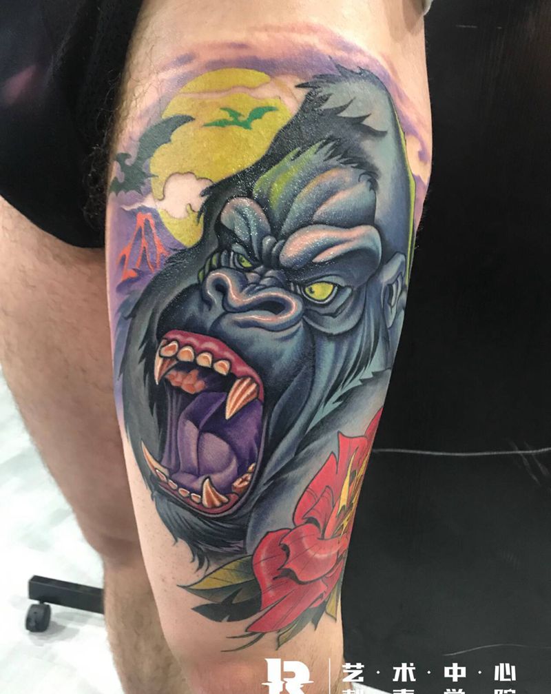 new school猩猩纹身图片_腿部New School欧美写实纹身图案