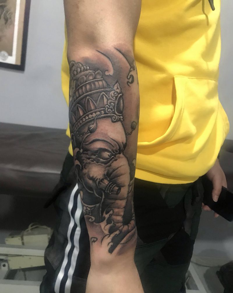 象神纹身图片_手臂新传统纹身图案