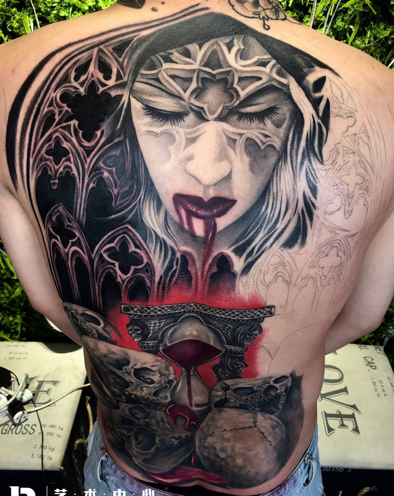 修女骷髅未完成纹身图片_背部欧美写实纹身图案