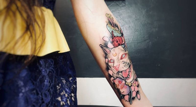 比鲁斯大人猫猫纹身图片_动物清新欧美手臂成品纹身图案