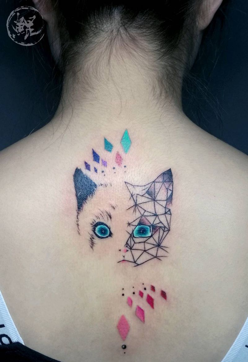 背部纹身图片_背部清新几何字符动物原创成品纹身图案