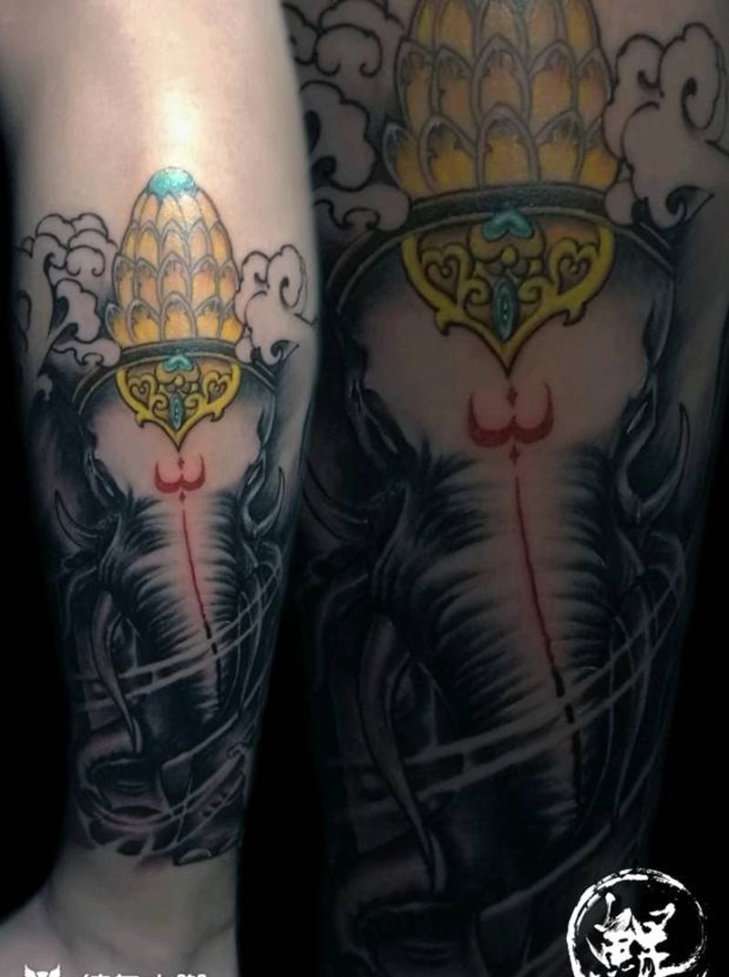 (麻药效果)小腿纹身图片_腿部传统动物人物植物静物鬼神图腾原创成品纹身图案