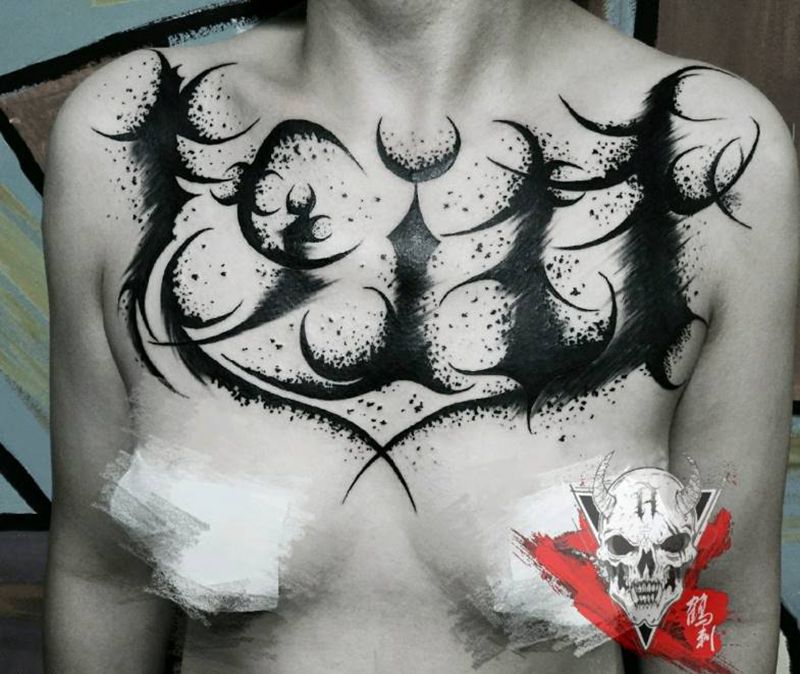 暗黑花胸纹身图片_花体字纹身图案