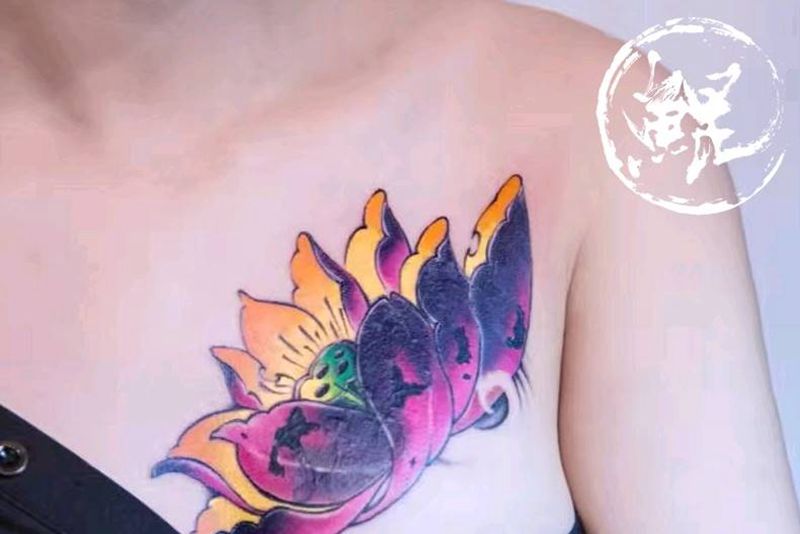 胸部失败纹身遮盖纹身图片_胸部传统植物静物原创成品纹身图案