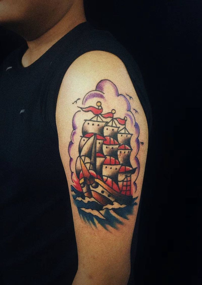 大帆船纹身图片_手臂Old SchoolNew School纹身图案