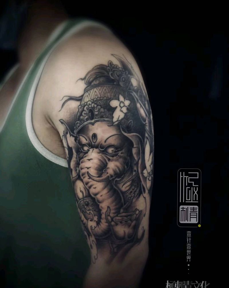 象神纹身图片_手臂新传统老传统纹身图案