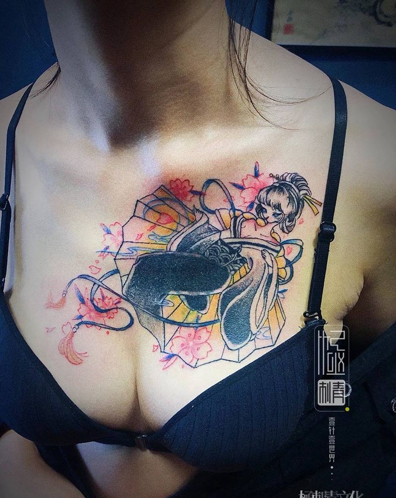 胸部遮盖纹身图片_胸部新传统New School纹身图案