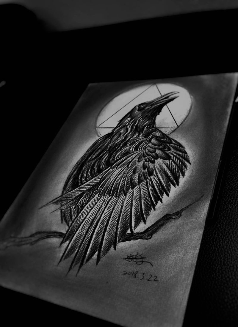 乌鸦 乌拉纹身图片_原创动物欧美写实习俗手臂腿部成品手稿纹身图案