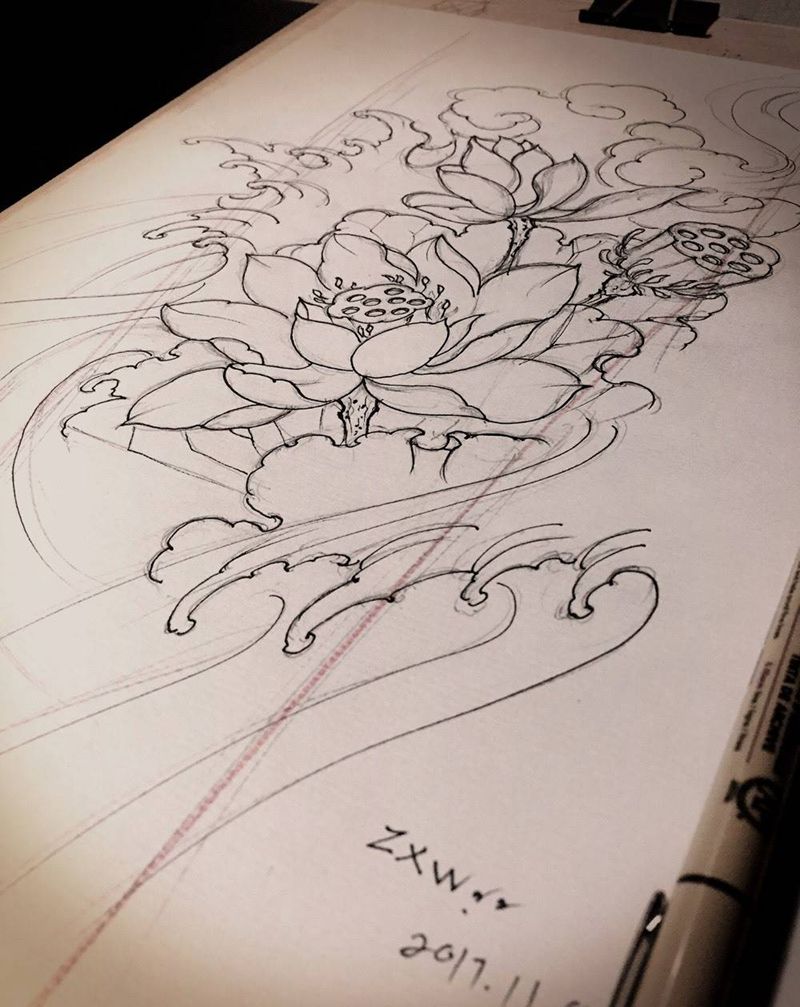 荷花出淤泥而不染纹身图片_手稿手臂传统习俗清新国画原创鬼神静物植物纹身图案