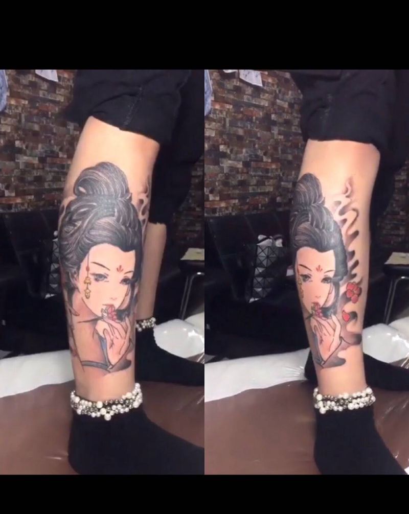 小腿美女纹身图片