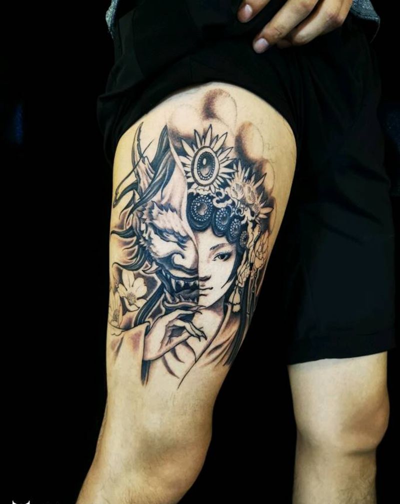 花旦般若纹身图片_腿部老传统新传统花旦般若纹身图案