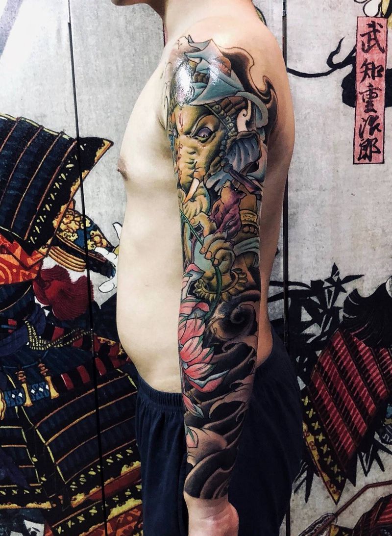 花臂纹身图片_人物动物植物传统手臂手部成品原创纹身图案