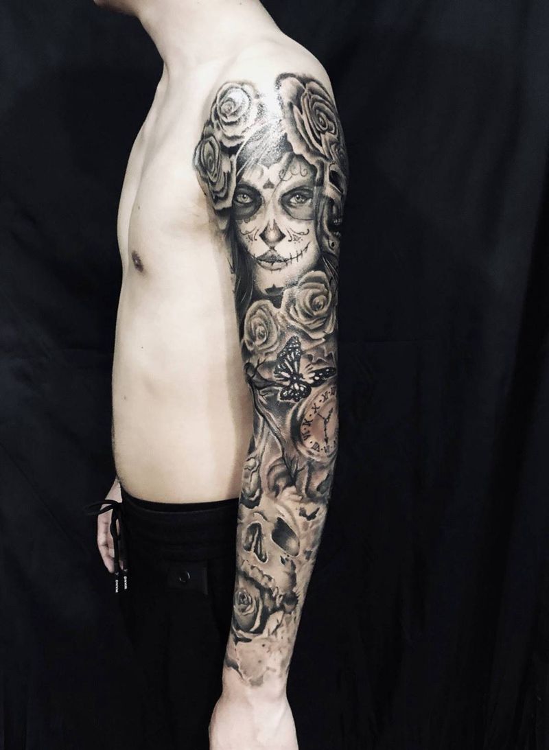 欧美花臂纹身图片_成品手臂欧美写实肖像人物植物鬼神动物纹身图案