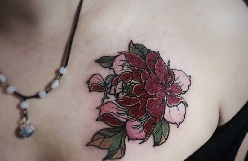 牡丹纹身图片_成品手稿肩部习俗清新传统国画植物原创纹身图案