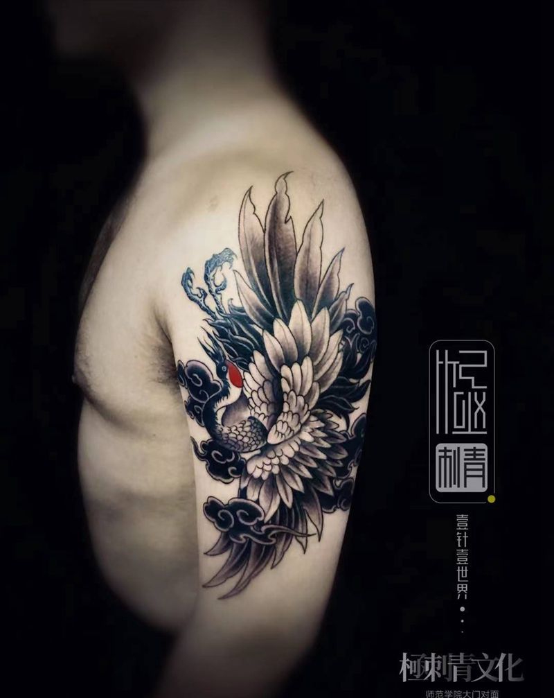 仙鹤纹身图片_手臂老传统新传统纹身图案