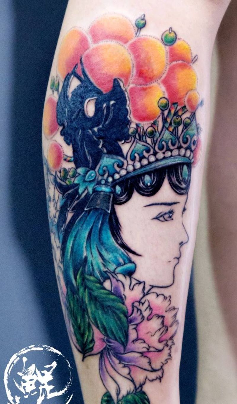 小腿失败纹身修改＋遮盖纹身图片_腿部传统人物植物静物原创成品纹身图案