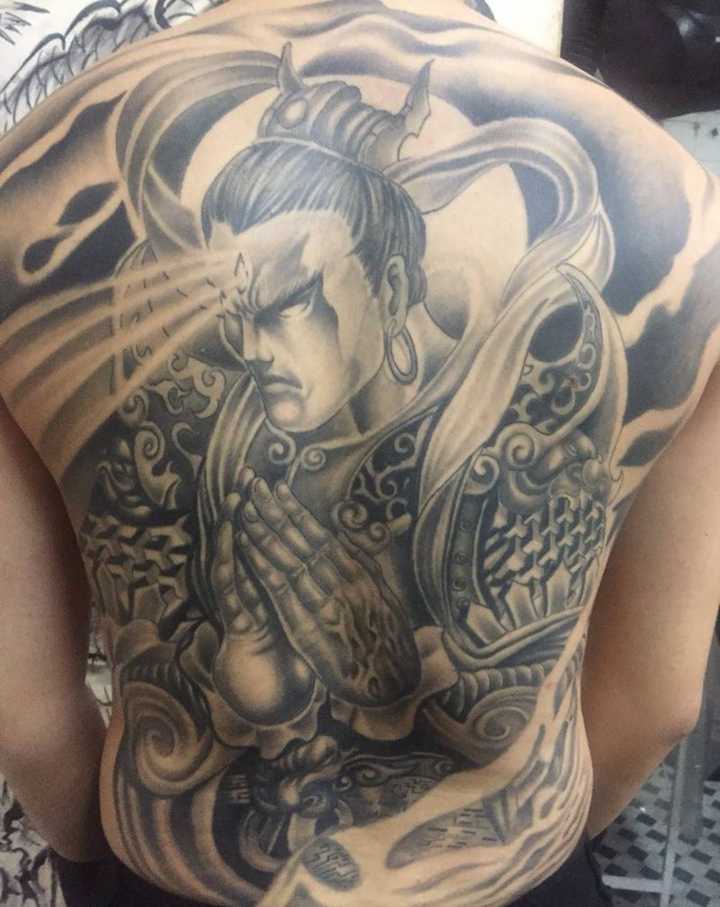 二郎神杨戬恢复后作品纹身图片_人物鬼神传统背部成品纹身图案