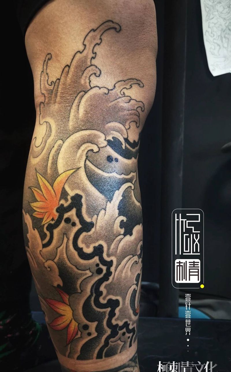 日式点刺包小腿纹身图片_腿部老传统新传统纹身图案