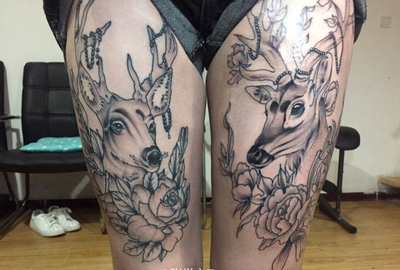 鹿纹身图片_动物清新传统习俗腿部成品手稿纹身图案