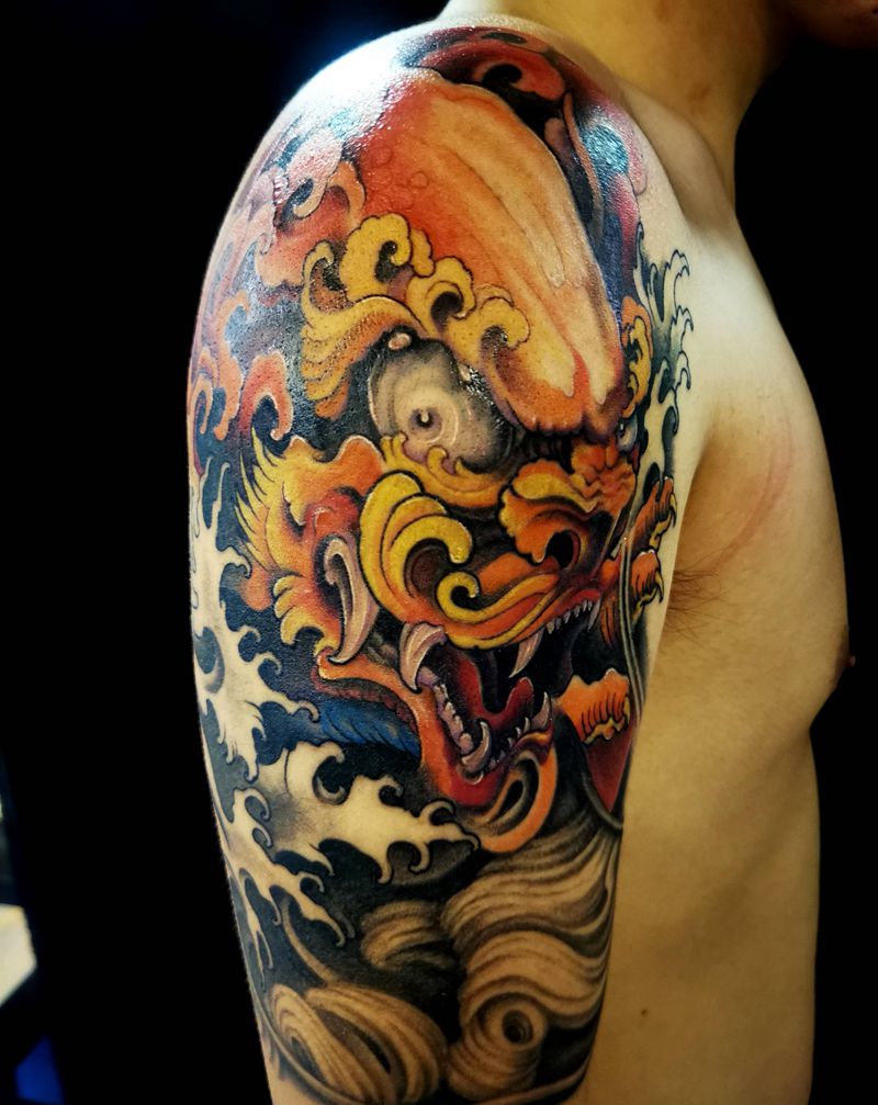 彩色唐狮纹身图片_手臂新传统New School纹身图案