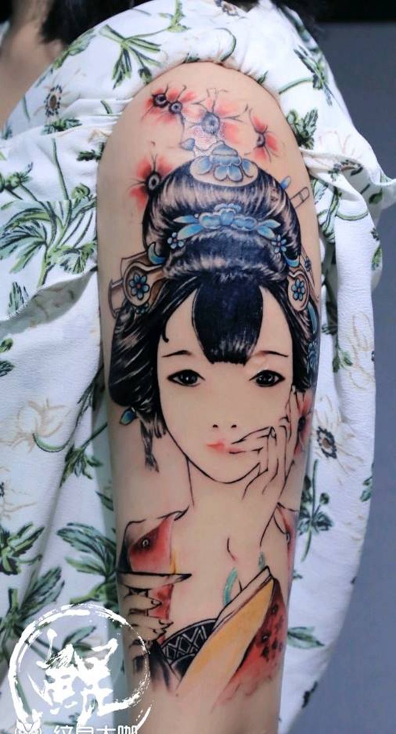 肩部失败纹身遮盖纹身图片_肩部传统人物植物静物原创成品纹身图案