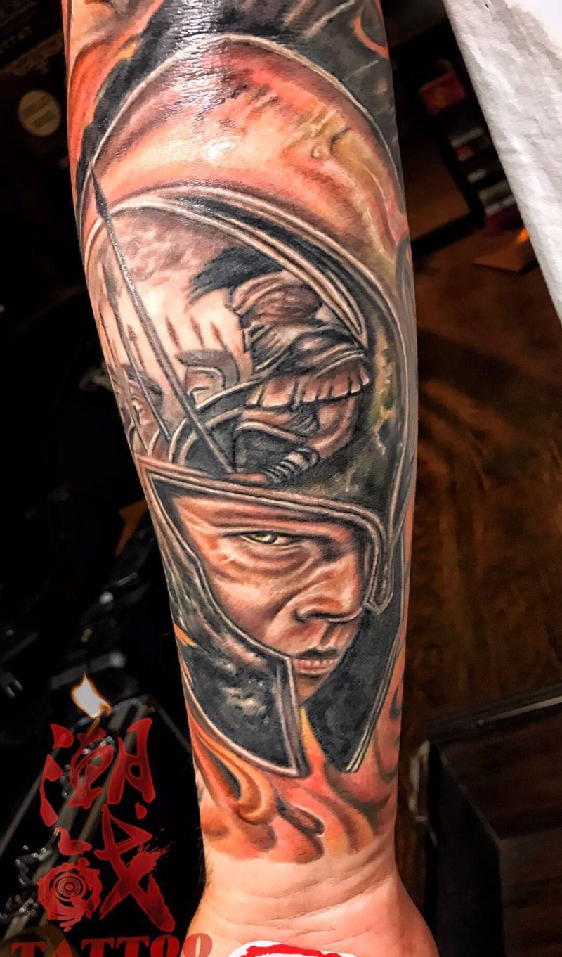 勇士纹身图片_欧美写实手臂成品人物纹身图案