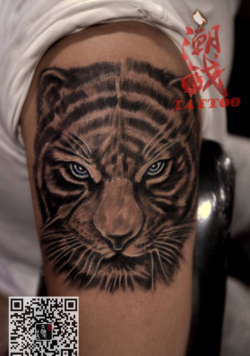 虎虎生威纹身图片_成品手臂写实欧美动物老虎纹身图案