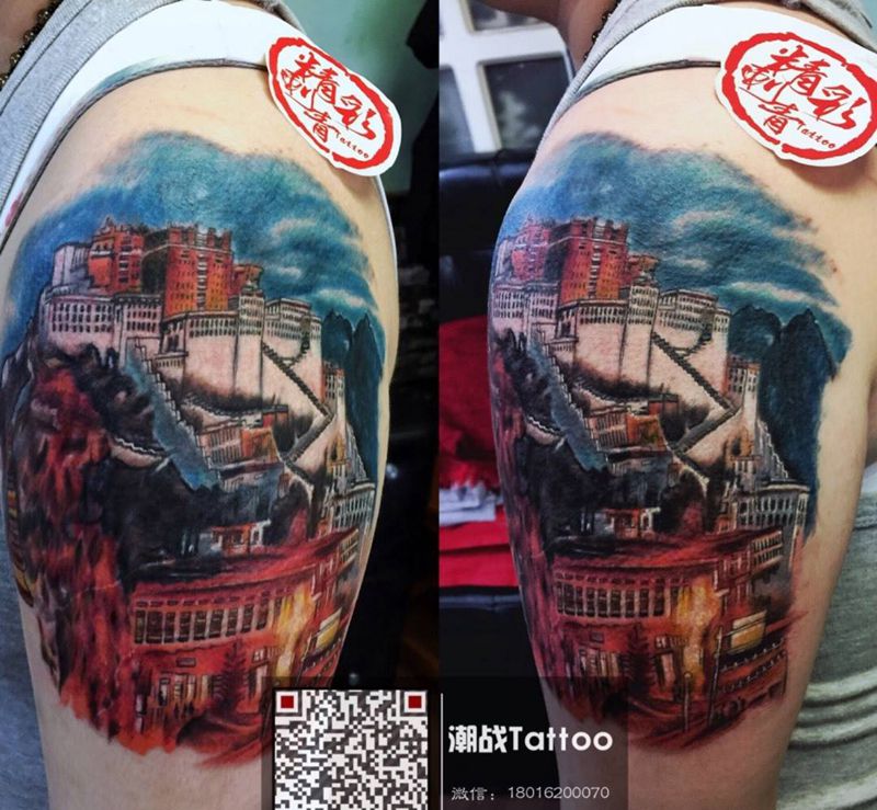 布达拉宫纹身图片_成品写实手臂原创纹身图案