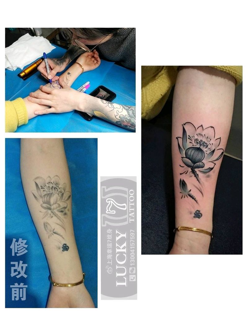 水墨莲花|修改|幸运7纹身纹身图片_手臂国画水墨成品纹身图案