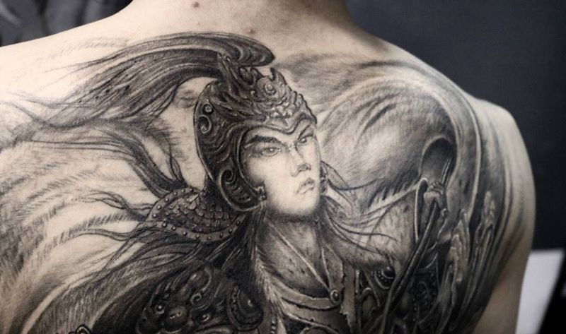 赵云  字子龙 《枪出如龙》纹身图片_人物肖像写实习俗背部成品纹身图案