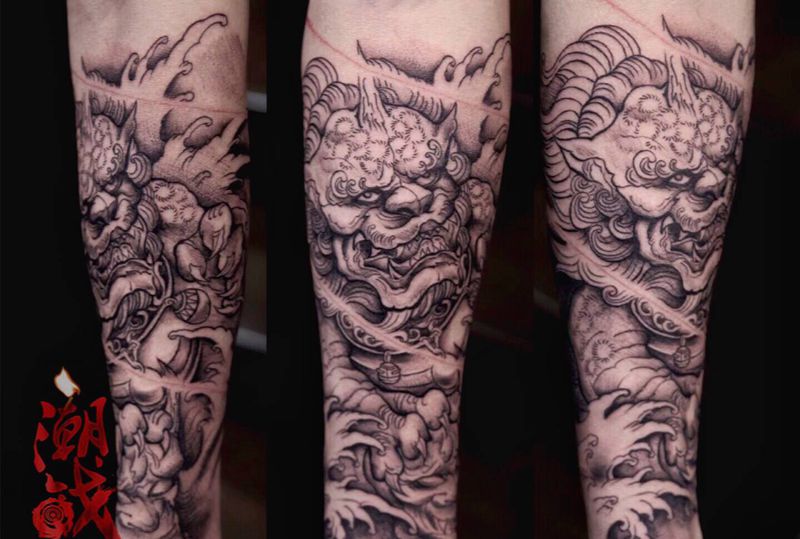 唐狮纹身图片_手臂新传统唐狮纹身图案