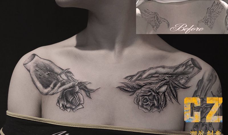 予人玫瑰，手有余香纹身图片_胸部欧美写实遮盖纹身图案