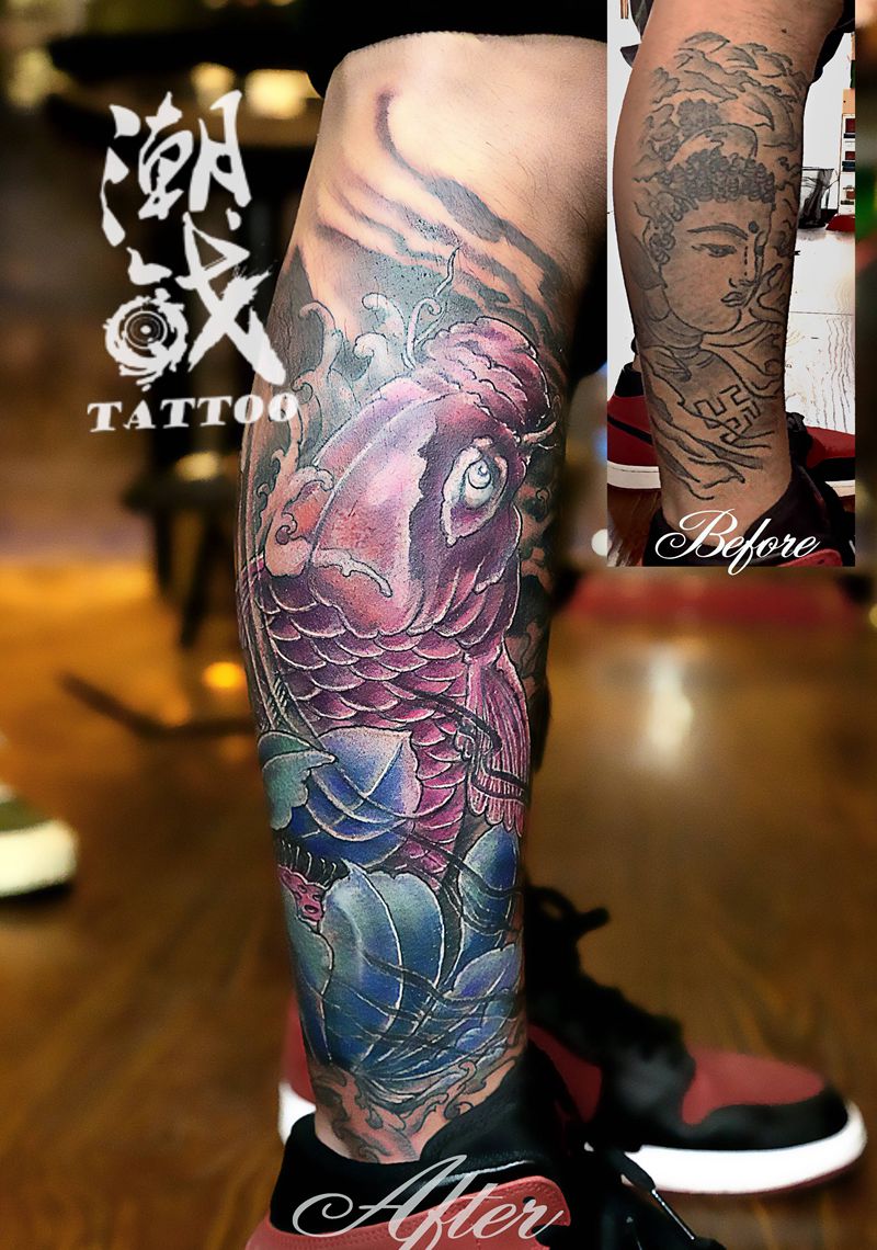 遮盖纹身图片_腿部新传统遮盖纹身图案