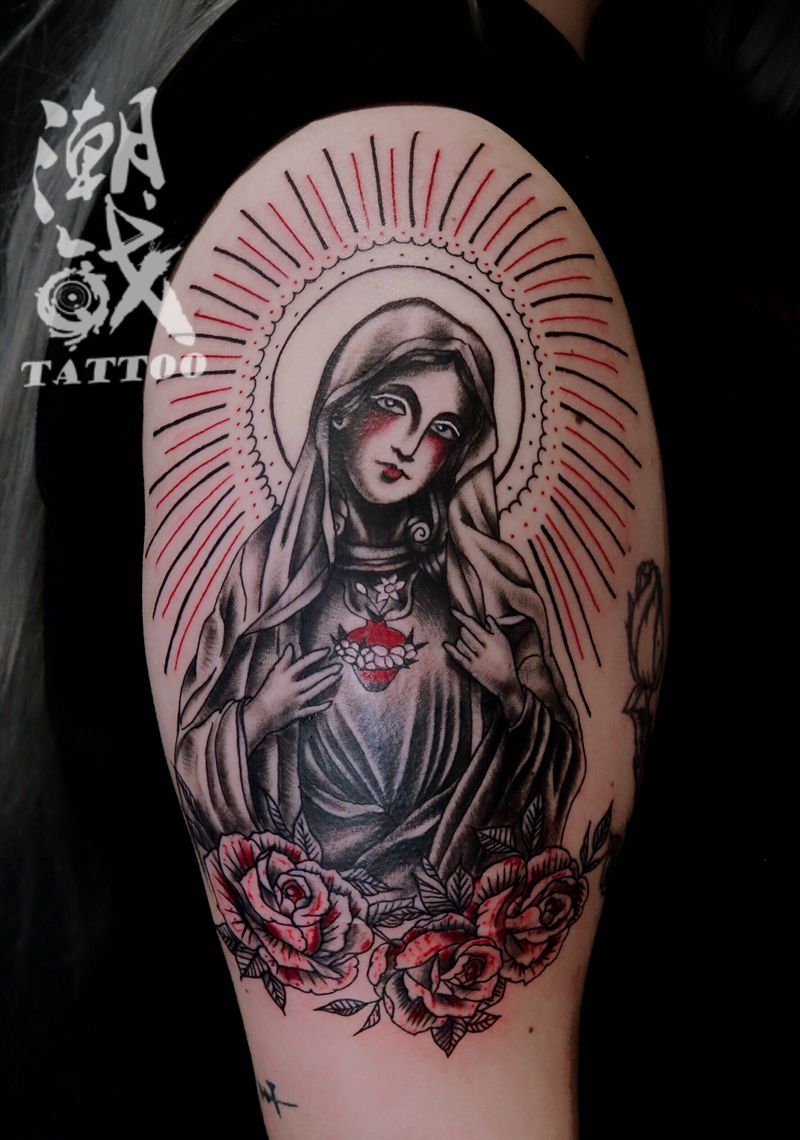 玛利亚纹身图片_手臂欧美写实玛利亚纹身图案