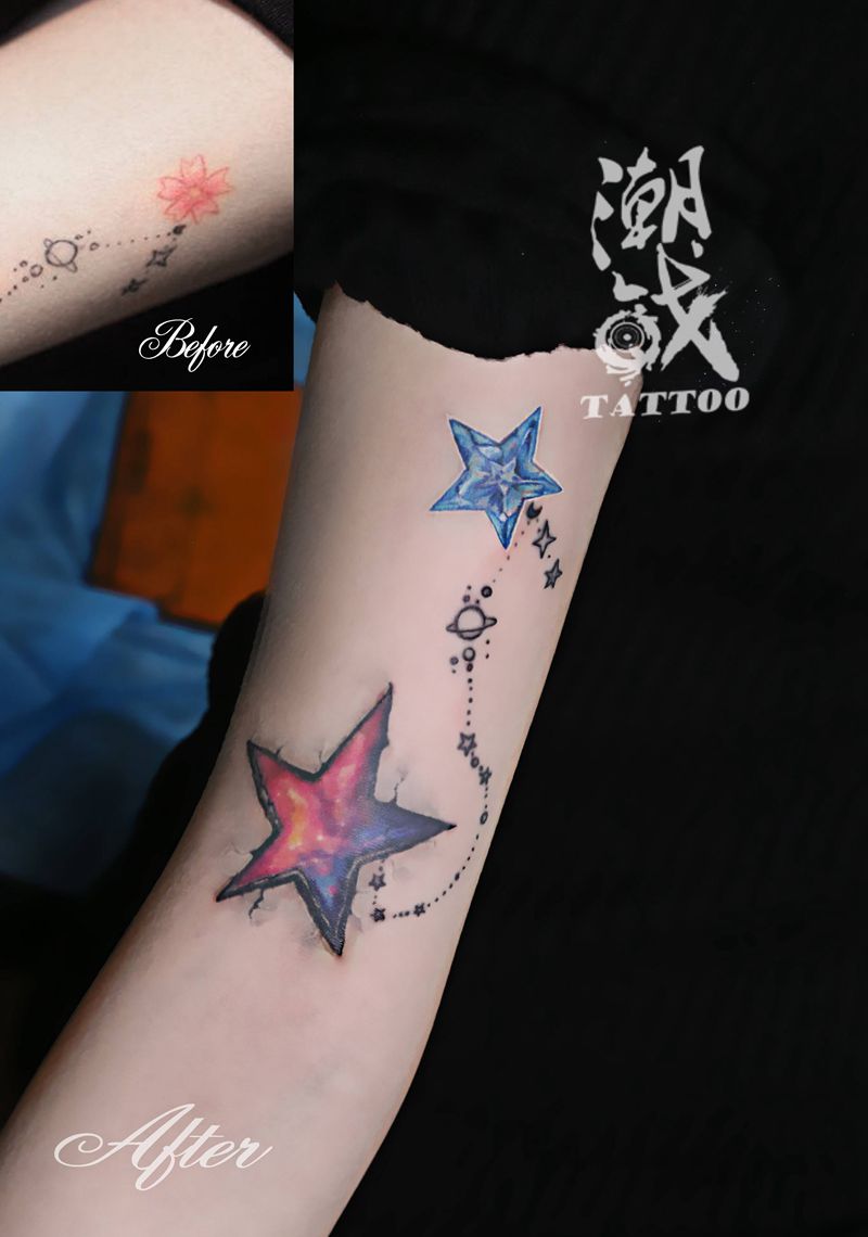 纹身遮盖纹身图片_手臂水彩遮盖纹身图案