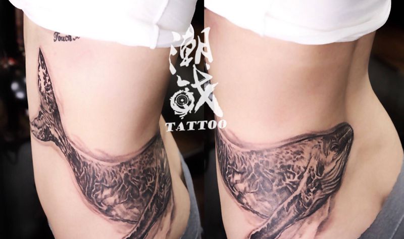 鲸纹身图片_腰部欧美写实鲸纹身图案