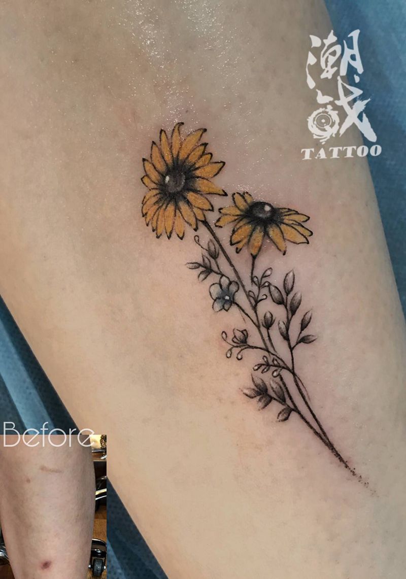 遮疤纹身图片_手臂欧美写实向日葵遮盖纹身图案