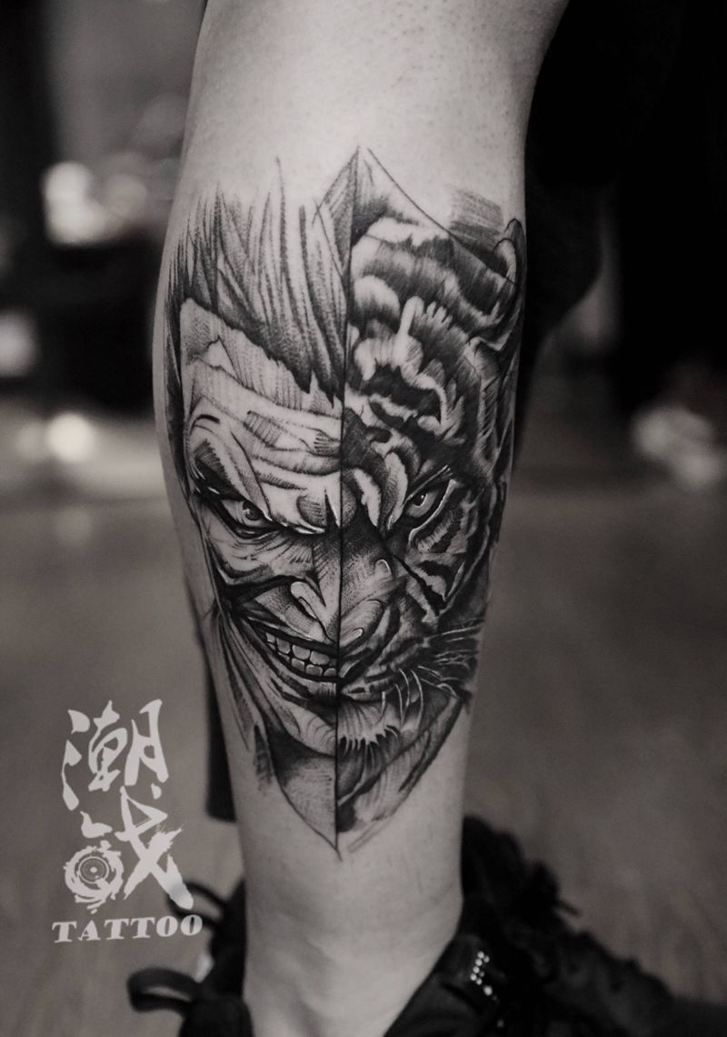 小丑面具纹身图片_腿部欧美写实小丑老虎纹身图案