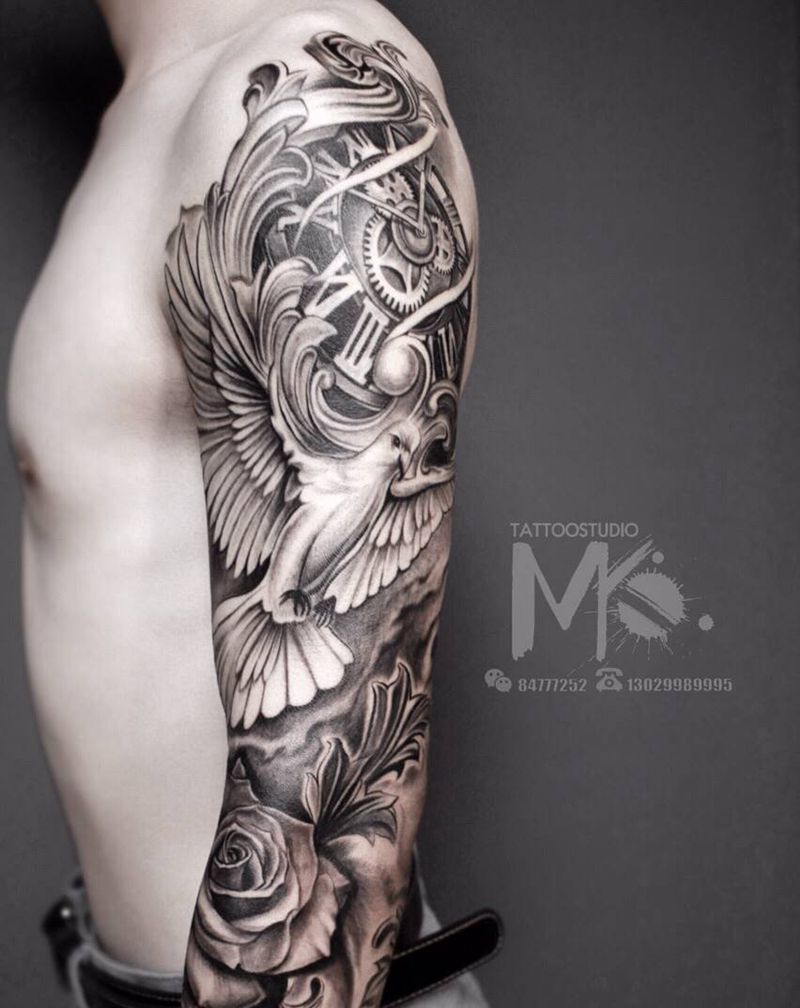 欧美七分袖花臂内侧遮盖纹身图片_手臂欧美写实纹身图案